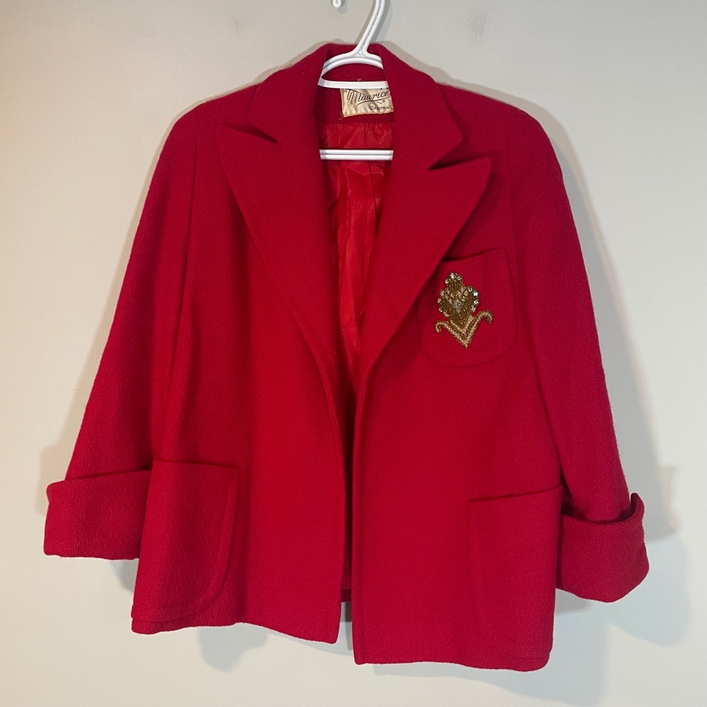 Vintage Maurice‎ Original Red Beaded Crest Blazer Jacket Peaked Lapel Cuffed S/M